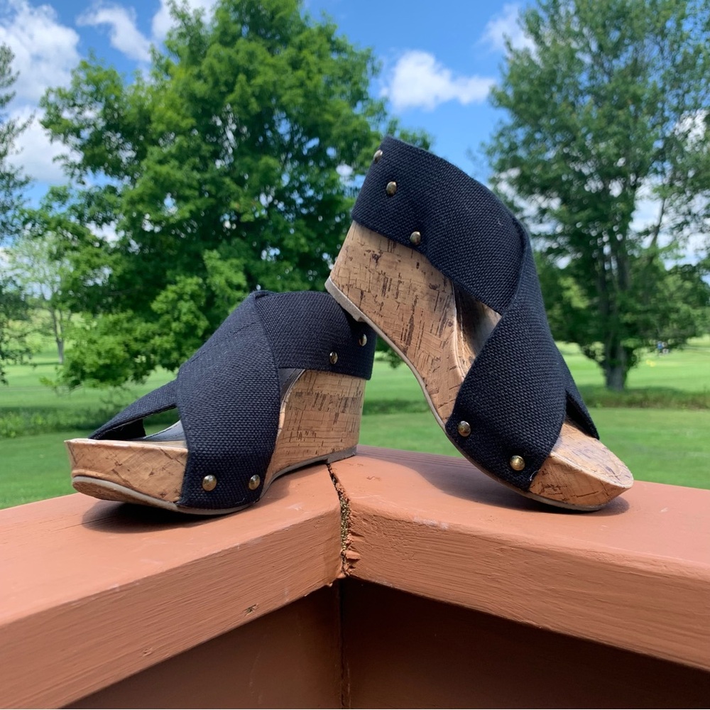 Esprit Black Studded Canvas Sandals Faux  Cork Criss Cross Wedge Women size-7